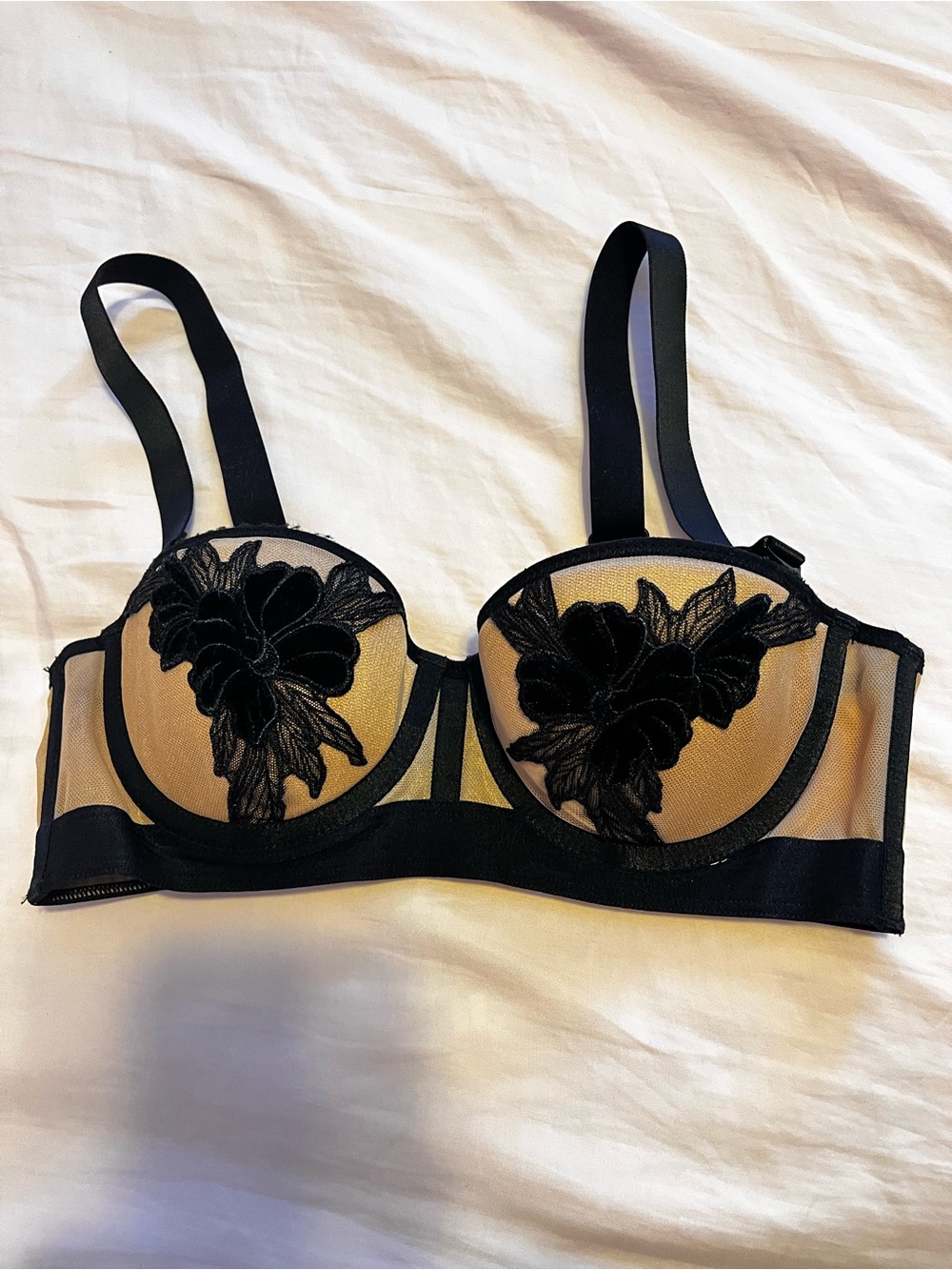Sheer Nude Mesh Bra with Black Floral Bra